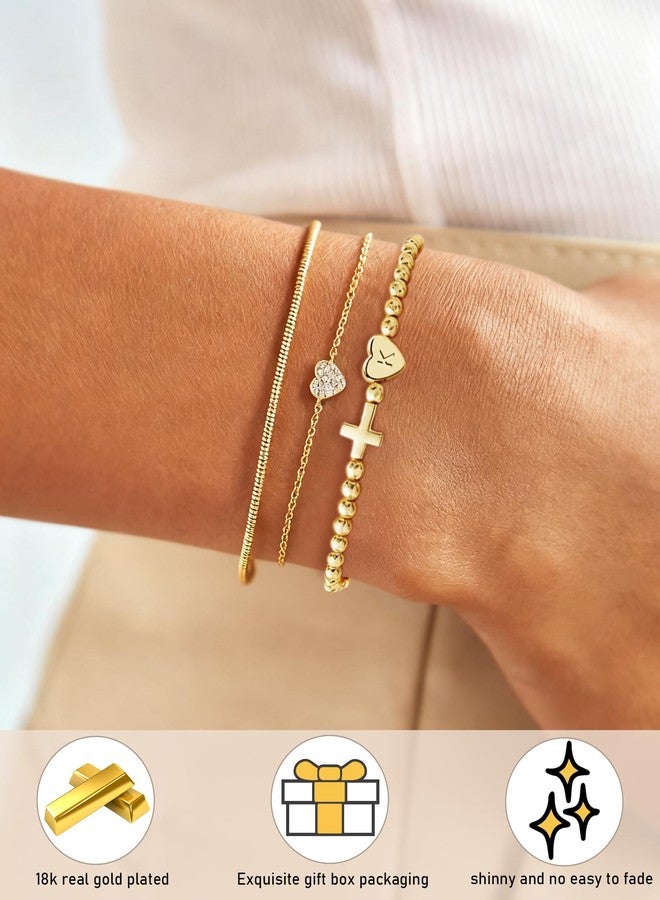TLY Cross Bracelets for Women Initial Beaded Stretch Elastic Heart Bracelet 14K Gold Plated Dainty Trendy Friendship Bracelets Stack Stocking Stuffers for Women Teens A-Z Letter Charm Bracelet Christmas Gifts - Image 3